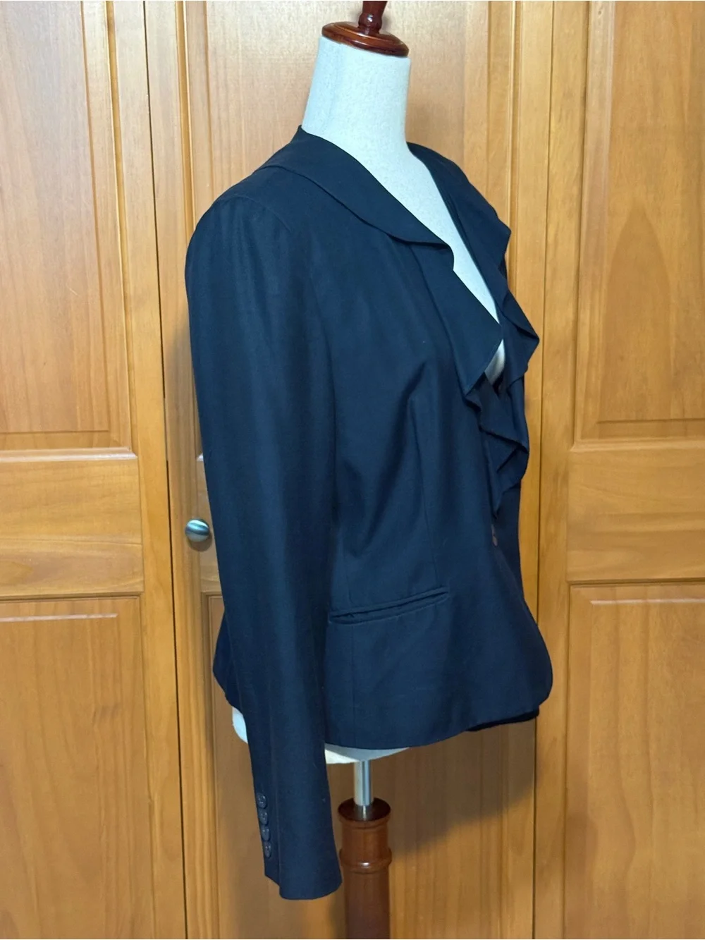 Vintage Ralph Lauren Chaps Silk Cotton Navy Ruffle-Trim Single-Button Jacket